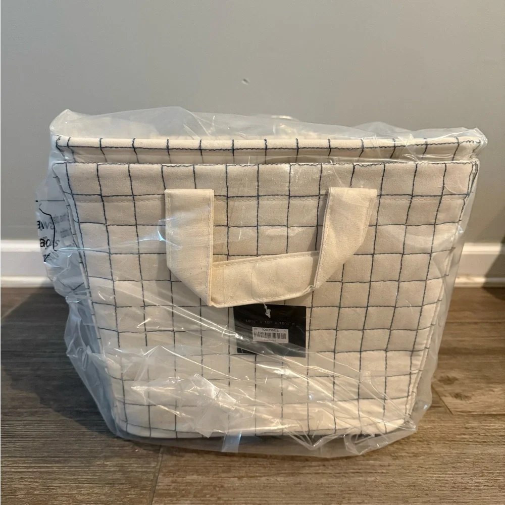 The Container Store Cream and Blue Grid Storage Basket (2)